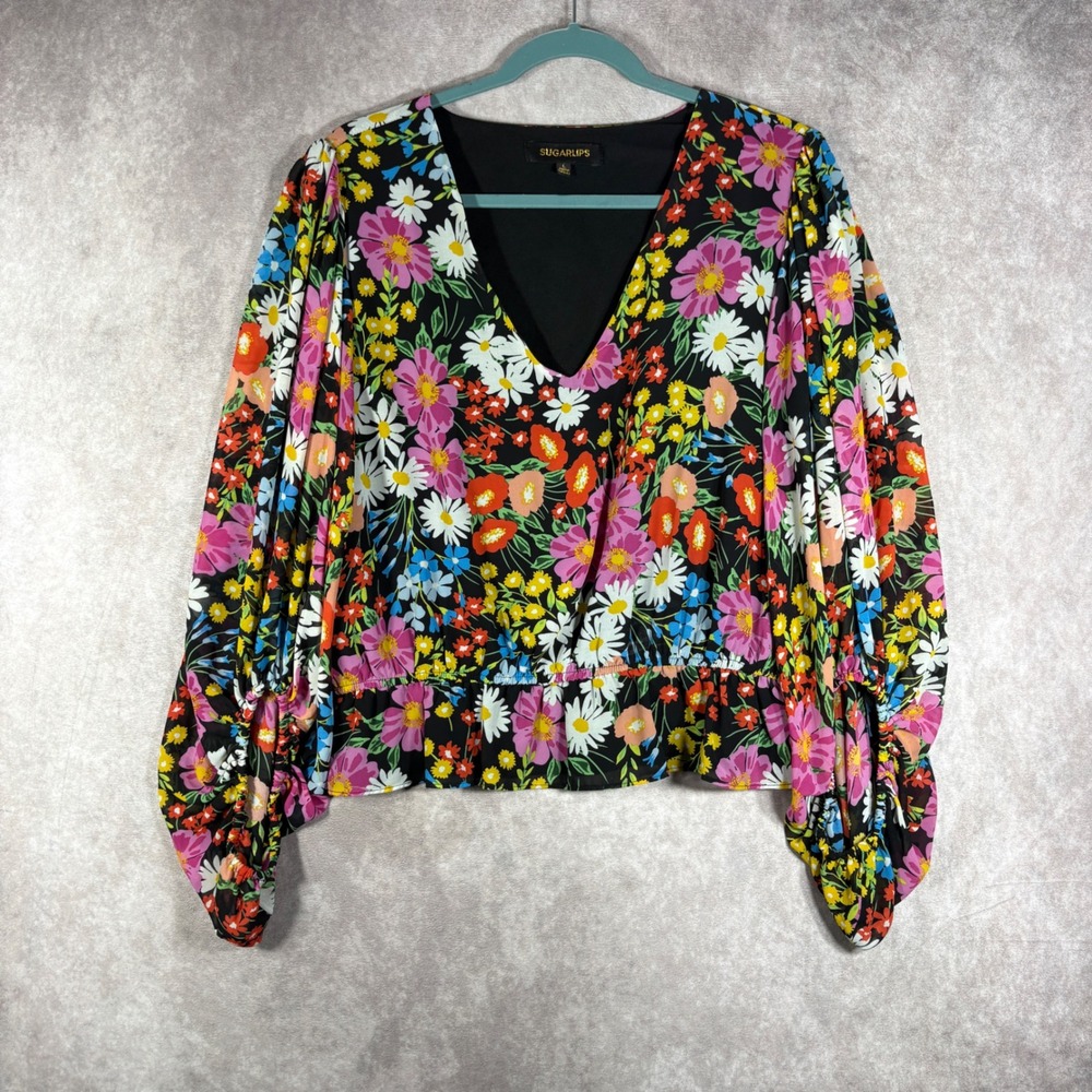 Sugarlips Blouse Womens L Black Floral V-Neck Ruched Peplum Boho Festival Fun